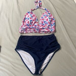 Pink and Navy Birds and Floral Bikini Set Sz M